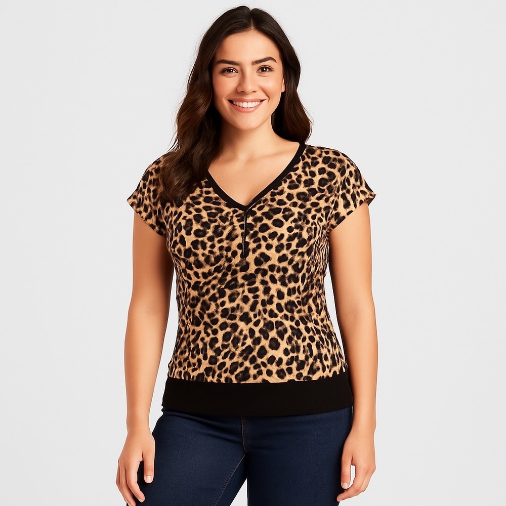 Popular 21 Leopard Print V-Neck Snap Ribbed Top Women Size L Brown TY70794